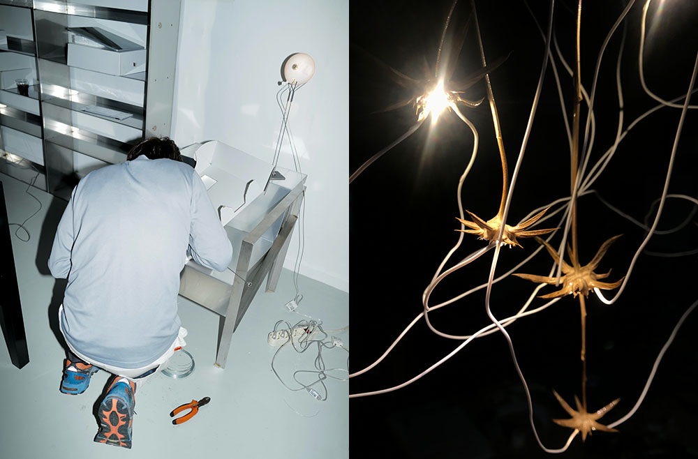 Max Mila retratado en su estudio y Flor Led Rising Talents 2023 Maison&Objet 