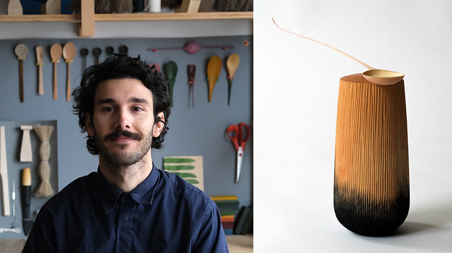 Nacho Aramburu en su estudio y Cuchara Rosa, en madera de abedul teñida Maison&Objet 2023 Rising Talents made in Spain