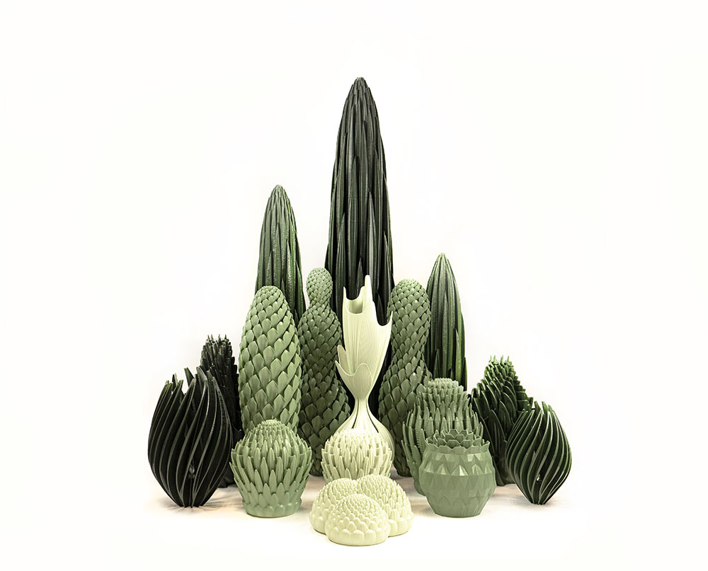 Pure Plants. Una intelignetee solución contra la emergencia climática. Las primeras plantas impresas en 3D que purifican el aire. Una familia de cactus que nacen de la investigació de Carmelo Zapulla, del estudio barcelonés  External Reference,