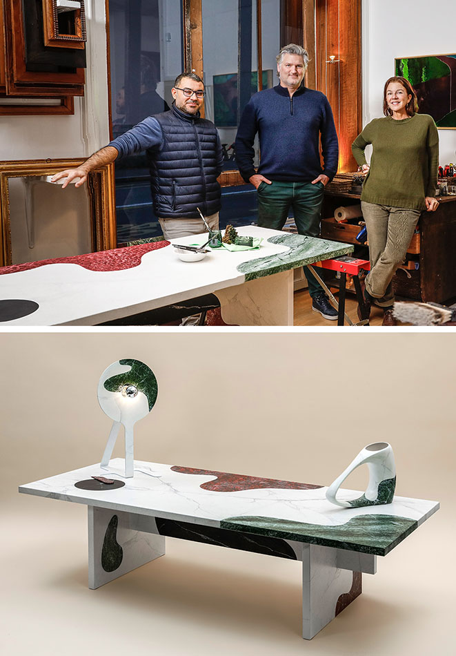 
“Marmor Stupor”,  mesa diseño de Philippe Cramer realizado por Atelier B. En las imágenes: Philippe Cramer, diseñador y Belén Llamas y and Mohamed Kahlia, artesanos de Atelier B.   Doppia Firma 2023